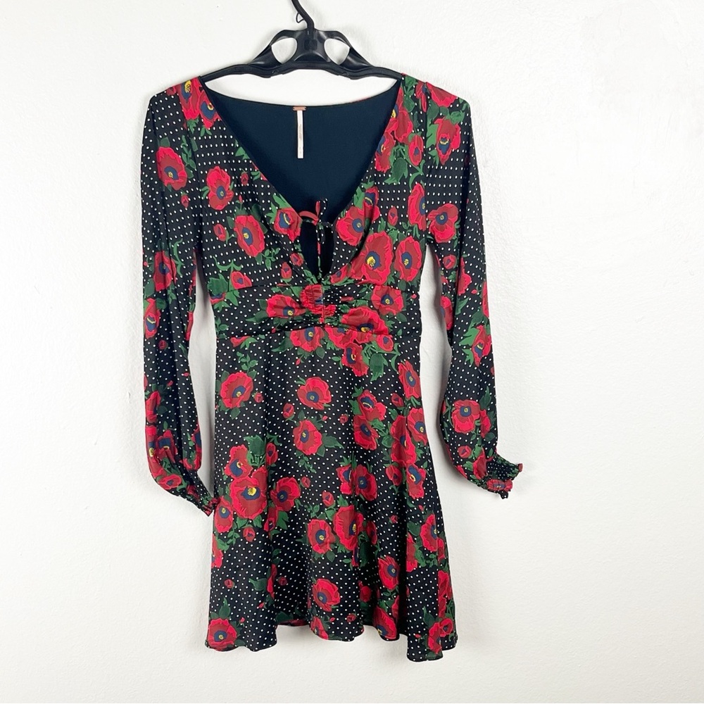 FREE PEOPLE Morning Light Black Floral Polka Dot V-Neck Long Sleeves Dress 2